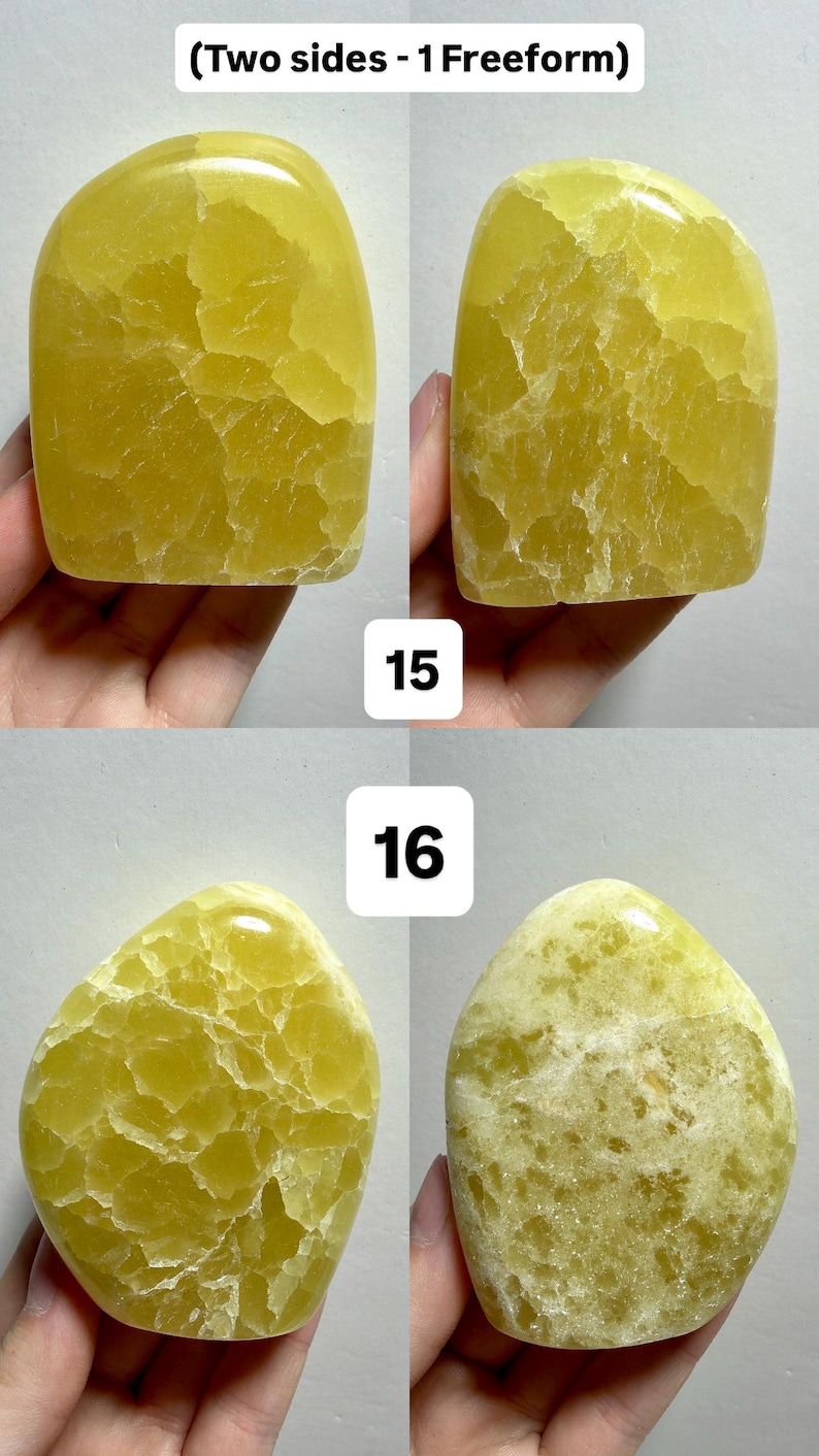 May include: Four polished, freeform yellow calcite stones. The stones have a smooth, rounded shape with visible internal crystalline structures. The image includes the text "(Two sides - 1 Freeform)" and numbers "15" and "16".