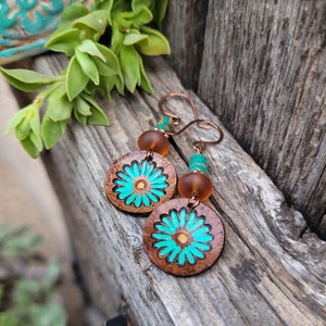 Leather Flower Earrings, Hand Painted Jewelry, Turquoise Flowers, Cowgirl Jewelry, Handcrafted Earrings, Boho Style, Heart of a Cowgirl image 4