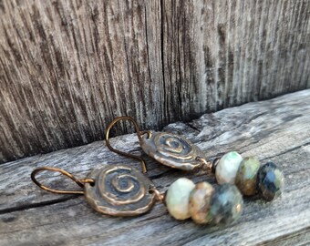 Bronze Spiral Earrings, Chrysocolla Beads, Luxe Cowgirl Jewelry, Boho Earrings, Heart of a Cowgirl