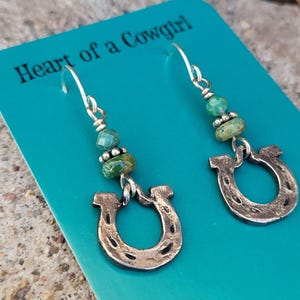Sterling Silver Horseshoe Earrings: Kingman Turquoise, Rustic Cowgirl Jewelry