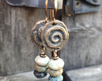 Bronze Spiral Earrings, Chrysocolla Beads, Luxe Cowgirl Jewelry, Boho Earrings, Heart of a Cowgirl