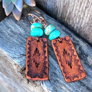 Hand Tooled Leather and Turquoise Earrings, Western Boho Jewelry, Cowgirl Gift, Lightweight Earrings, Copper Earwires, Bridesmaid Earrings image 3