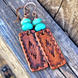 Hand Tooled Leather and Turquoise Earrings, Western Boho Jewelry, Cowgirl Gift, Lightweight Earrings, Copper Earwires, Bridesmaid Earrings image 7