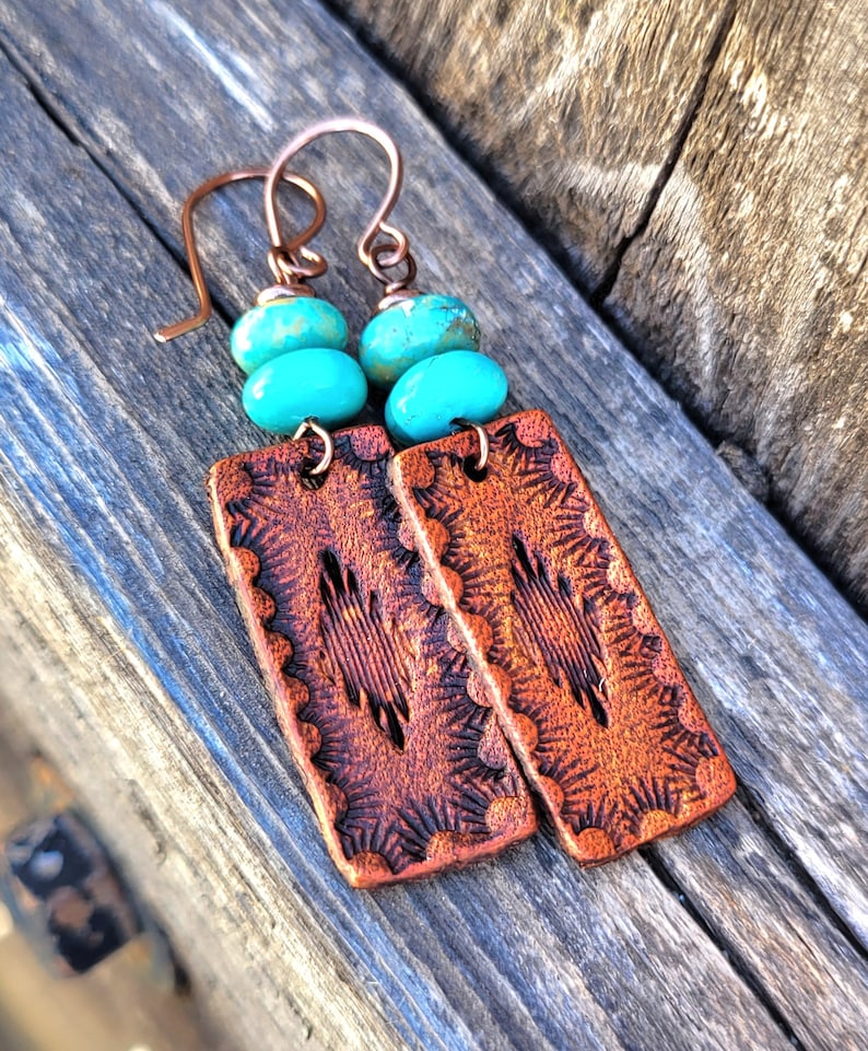 Hand Tooled Leather and Turquoise Earrings, Western Boho Jewelry, Cowgirl Gift, Lightweight Earrings, Copper Earwires, Bridesmaid Earrings image 7
