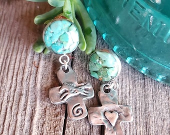 Pewter Cross Earrings, Horse Jewelry,   Green Turquoise Studs, Post Back Earrings, Gift for Horse Lover, Cowgirl Jewelry, Heart of a Cowgirl