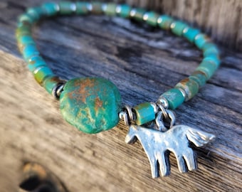 Green Turquoise Bracelet, Sterling Horse Charm, Cowgirl Gift, Western Bracelet, Horse Lover Gift, Luxe Cowgirl Jewlery, Heart of a Cowgirl