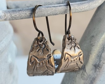 Bronze Horse Earrings, Rustic Horse Jewelry, Small Hoops, Cowgirl Birthday Gift, Horse Lover, Western Couture, Heart of a Cowgirl