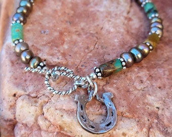 Silver Horseshoe Bracelet,  Turquoise and Pearl Jewelry, Luxe Cowgirl Jewelry, Gift for Cowgirl, Southwestern, Heart of a Cowgirl