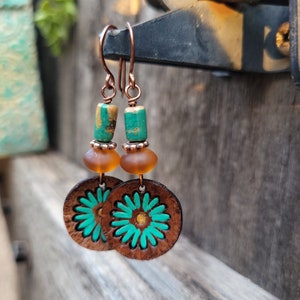 Leather Flower Earrings, Hand Painted Jewelry, Turquoise Flowers, Cowgirl Jewelry, Handcrafted Earrings, Boho Style, Heart of a Cowgirl image 1