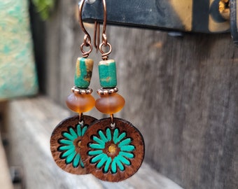 Leather Flower Earrings, Hand Painted Jewelry, Turquoise Flowers, Cowgirl Jewelry,  Handcrafted Earrings, Boho Style, Heart of a Cowgirl