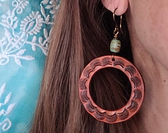 Tooled Leather Hoops, Cowgirl Turquoise Earrings, Western Leather Jewelry, Western Bride Earrings, Leather Bridesmaid Gift, Gift for Cowgirl
