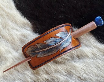 Leather Stick Barrette, Leather Hair Jewelry, Hand Painted Leather Feather, Cowgirl Couture, Western Hair Barrette, Boho Cowgirl Gift