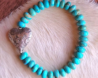 Kingman Turquoise Bracelet, Stretch Cord Bracelet, Silver Heart, Luxe Cowgirl Jewelry, Boho Cowgirl, Graduation Gift, Heart of a Cowgirl