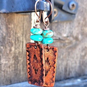 Hand Tooled Leather and Turquoise Earrings, Western Boho Jewelry, Cowgirl Gift, Lightweight Earrings, Copper Earwires, Bridesmaid Earrings image 6