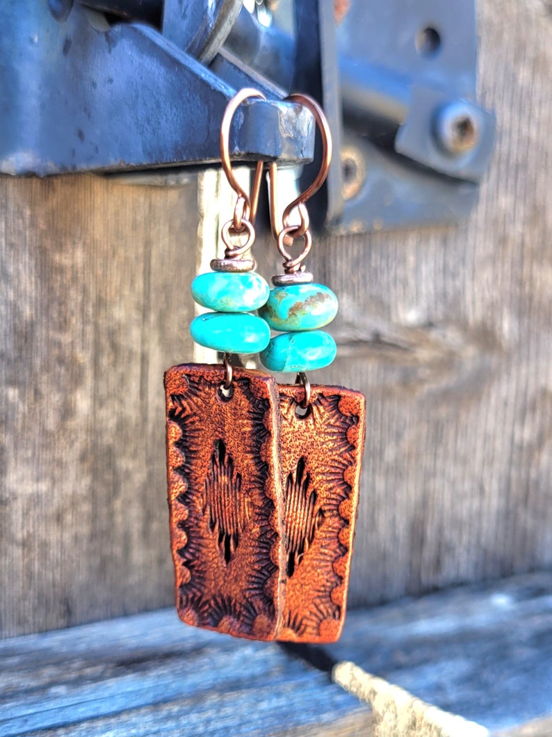 Hand Tooled Leather and Turquoise Earrings, Western Boho Jewelry, Cowgirl Gift, Lightweight Earrings, Copper Earwires, Bridesmaid Earrings image 6