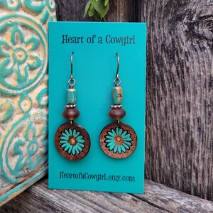 Leather Flower Earrings, Hand Painted Jewelry, Turquoise Flowers, Cowgirl Jewelry, Handcrafted Earrings, Boho Style, Heart of a Cowgirl image 2