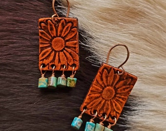 Hand Tooled Leather Flower Earrings, Gift for Cowgirl, Western Wedding Bridesmaid Jewelry, Lightweight Turquoise Earrings, Southwestern