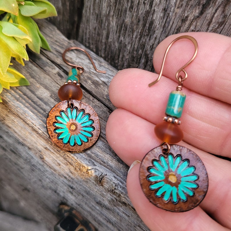 Leather Flower Earrings, Hand Painted Jewelry, Turquoise Flowers, Cowgirl Jewelry, Handcrafted Earrings, Boho Style, Heart of a Cowgirl image 3