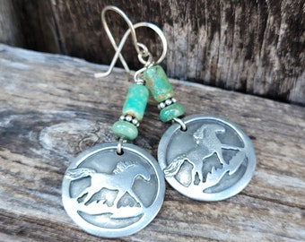 Horse Earrings, Pewter Disc Earrings, Horse Lover Jewelry, Sterling Silver Ear Wires, Western Couture, Gift for Cowgirl, Heart of a Cowgirl