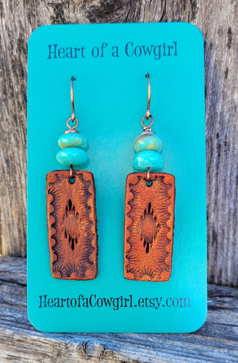 Hand Tooled Leather and Turquoise Earrings, Western Boho Jewelry, Cowgirl Gift, Lightweight Earrings, Copper Earwires, Bridesmaid Earrings image 5