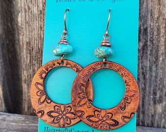 Leather and Turquoise Hoop Earrings, Cowgirl Jewelry, Western Earrings, Gift for Mom, Gift for Boho Cowgirl