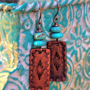 Hand Tooled Leather and Turquoise Earrings, Western Boho Jewelry, Cowgirl Gift, Lightweight Earrings, Copper Earwires, Bridesmaid Earrings image 2