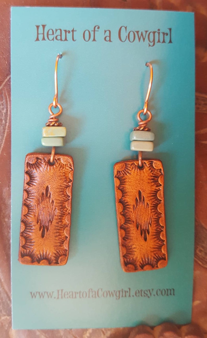 Hand Tooled Leather and Turquoise Earrings Copper Western Etsy