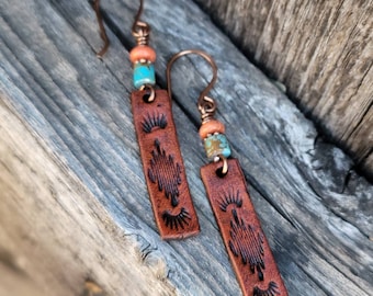 Turquoise and Coral Earrings, Hand Tooled Leather, Boho Jewelry, Cowgirl Gift, Lightweight Earrings, Leather Jewelry, Cowgirl Style
