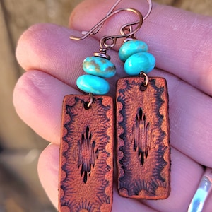 Hand Tooled Leather and Turquoise Earrings, Western Boho Jewelry, Cowgirl Gift, Lightweight Earrings, Copper Earwires, Bridesmaid Earrings image 4