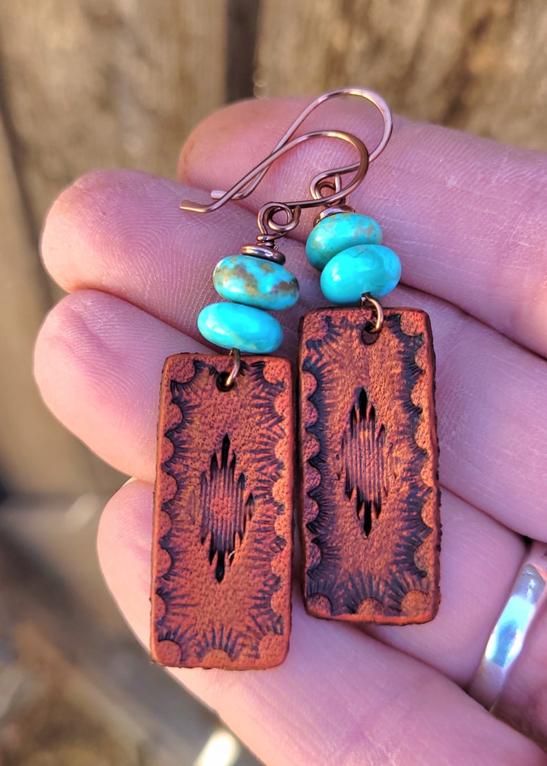 Hand Tooled Leather and Turquoise Earrings, Western Boho Jewelry, Cowgirl Gift, Lightweight Earrings, Copper Earwires, Bridesmaid Earrings image 4