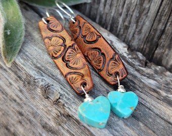 Western Tooled Leather Earrings, Leather Jewelry, Turquoise Hearts, Cowgirl Jewelry, Gift for Cowgirl, Heart of a Cowgirl