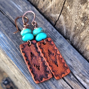 Hand Tooled Leather and Turquoise Earrings, Western Boho Jewelry, Cowgirl Gift, Lightweight Earrings, Copper Earwires, Bridesmaid Earrings image 1