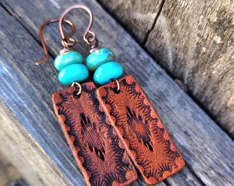 Hand Tooled Leather and Turquoise Earrings, Western Boho Jewelry, Cowgirl Gift, Lightweight Earrings, Copper Earwires, Bridesmaid Earrings