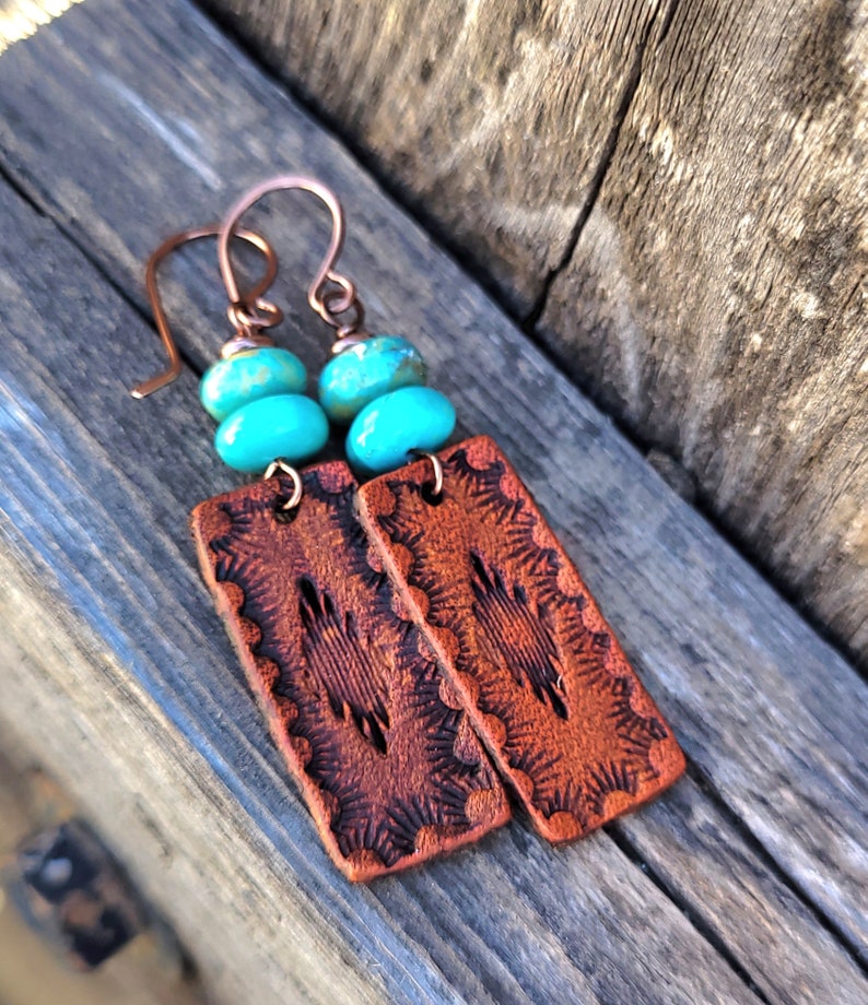 Hand Tooled Leather and Turquoise Earrings, Western Boho Jewelry, Cowgirl Gift, Lightweight Earrings, Copper Earwires, Bridesmaid Earrings image 1