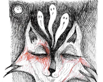 Seance Fox // Sacred Laughter Print, 6 inches by 4 inches, 8 inches by 10 inches, pen and ink, halloween art