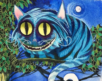 Cheshire Cat // fan art, print, Alice in Wonderland, Lewis Carroll, prussian blue, smiling cat, watercolor, 6 x 4 inches, 10 x 8 inches