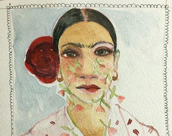Frida Crying Flowers // art print, Frida Kahlo birthday, watercolor, self portrait interpretation, pop art, fan art, 4"x 6"art print Frida