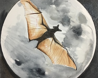 Full Moon Bat Watercolor Art Print, Halloween Decor (8x10)
