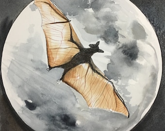 Full Moon Bat // watercolor painting, pen and ink drawing print, flying bat across the full moon, golden wings across the sky, halloween art