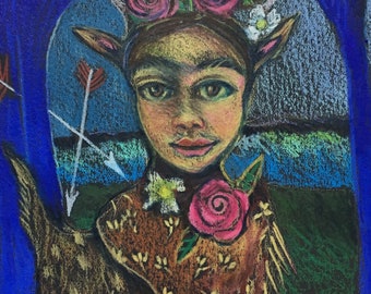 Frida Deer // watercolor art print, Frida Kahlo birthday, watercolor pen, self portrait interpretation, pop art, fan art,  art print