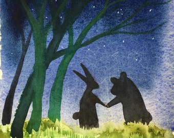 Love is Love // 4 X 6 inches, art print, Shakespeare artist, love art, rabbit and bear holding hands, watercolor, forest