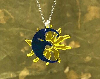 Sun and moon necklace // lucite translucent charm, choose your color, crescent moon, faces in the moon, laser cut Lucite, charm necklace