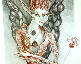 Titania the Fairy Queen // pen and ink print, graphite print, fairy queen print, jeweled fairy queen with black wings, fairy fantasy artist