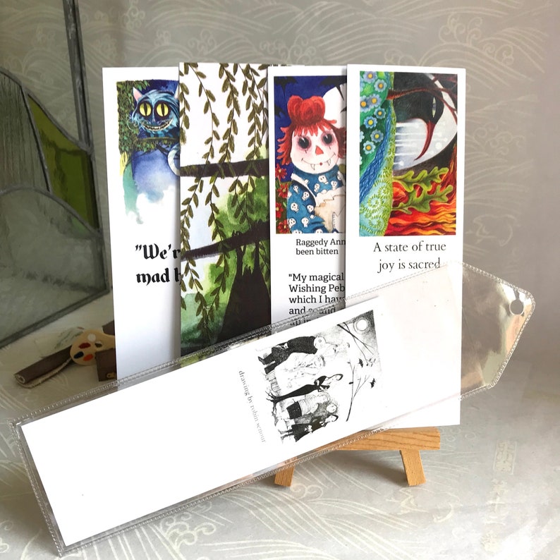 Book Mark Collection // Drawings and Paintings, Cheshire Cat fan art bookmark, bat cat fan art, Raggedy Anne fan art, 4 art print bookmarks image 1