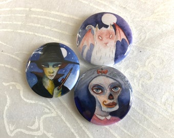 Sacred Laughter Character button set // colored art buttons, Halloween fan art set, Skeleton fan art, Witch fan art, bat cat, halloween art