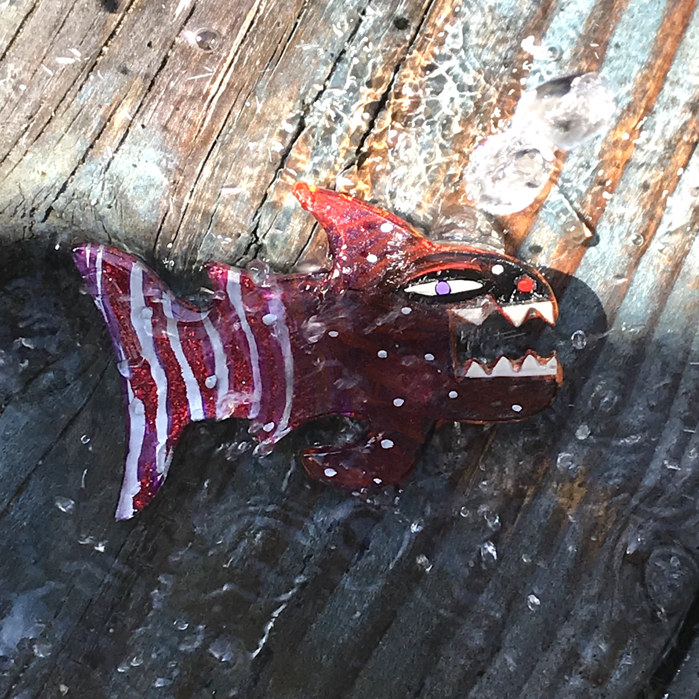 08 red shark 458 // lucite jewelry, acrylic painting, shawl pin, painted brooch, laser cut, pop art, lowbrow art, mini painting, marine life