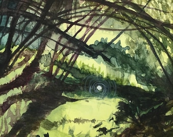 Will-o-wisp (Will of the wisp) // 4 x 6 print, watercolor print, dark browns, bright greens, landscape watercolor print
