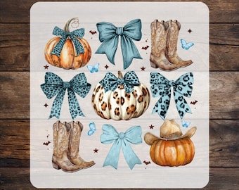 May include: A DTF transfer sheet featuring the text READY TO PRESS and CUSTOM DTF. The design includes watercolor illustrations of orange pumpkins, brown cowboy boots, light blue bows, leopard print bows, small blue butterflies, and stars.