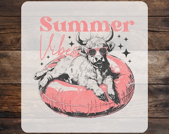 Retro Summer Vibes Highland Cow DTF Transfer: Beach Heat Press Print