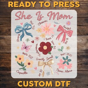 She is Mom Coquette DTF Transfer, Christian Mama Ready To Press, Boho Floral Mama DTF Print, Mama Bow Heat Press DTF Transfer, Cold Peel Dtf